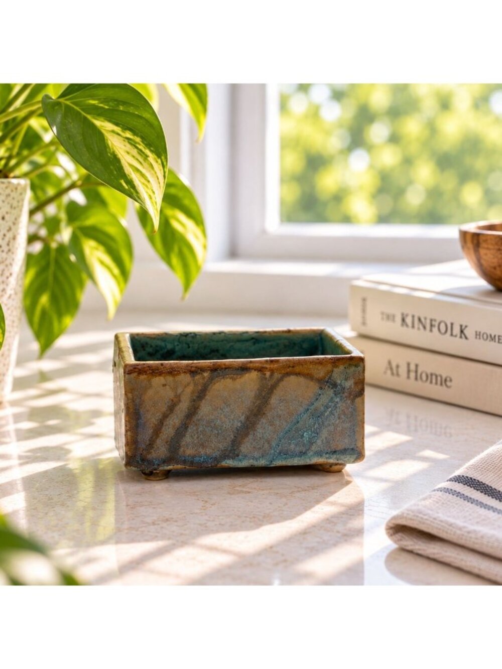 Handmade Rectangular Glazed Ceramic Planter Pot With Rustic Blue & Brown Finish